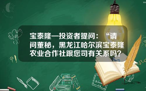 宝泰隆—投资者提问：“请问董秘，黑龙江哈尔滨宝泰隆农业合作社跟您司有关系吗？如果有关系，马云是否有意向投资呢？”-黑龙江宝泰隆公司贴吧