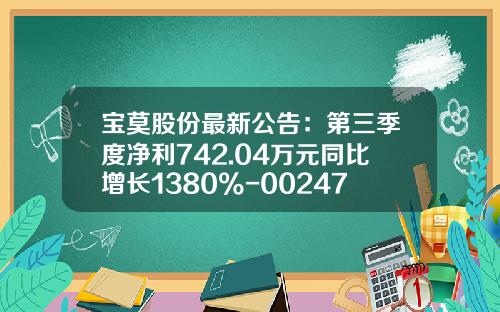 宝莫股份最新公告：第三季度净利742.04万元同比增长1380%-002476基金