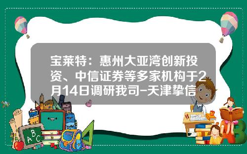 宝莱特：惠州大亚湾创新投资、中信证券等多家机构于2月14日调研我司-天津挚信鸿达医疗器械开发有限公司