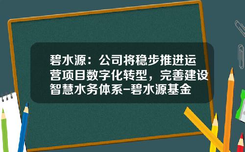 碧水源：公司将稳步推进运营项目数字化转型，完善建设智慧水务体系-碧水源基金